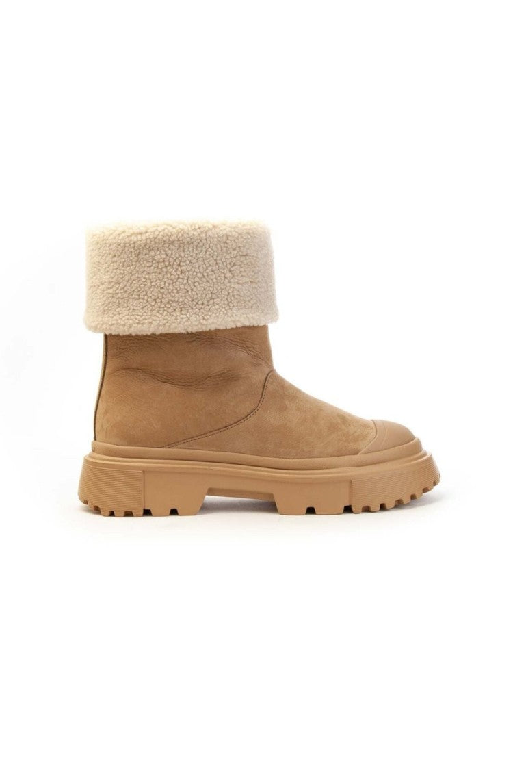 Hogan Beige Suede Shearling Cuff Lug Sole Boots