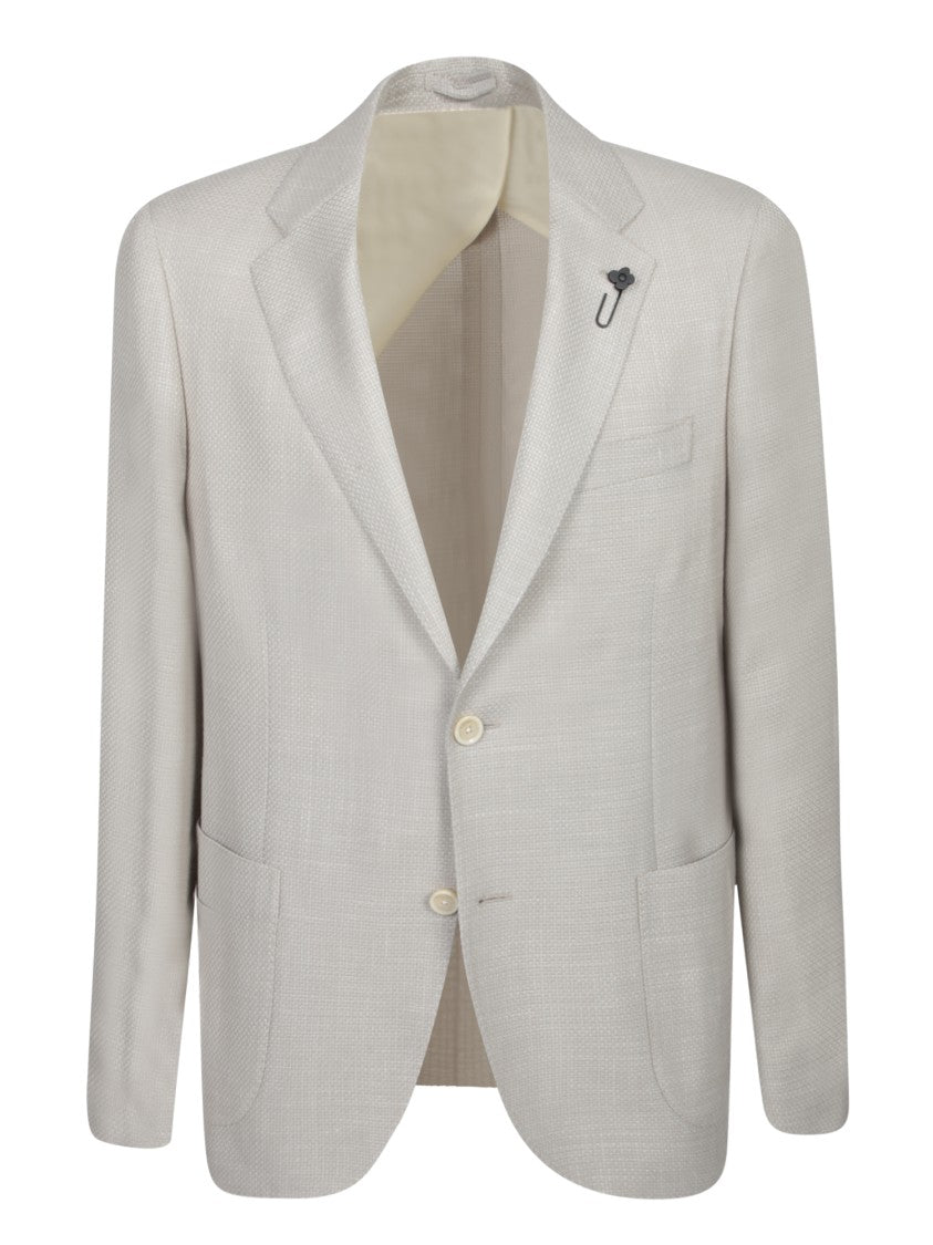 Lardini Beige Hopsack Blazer With Decorative Lapel Pin