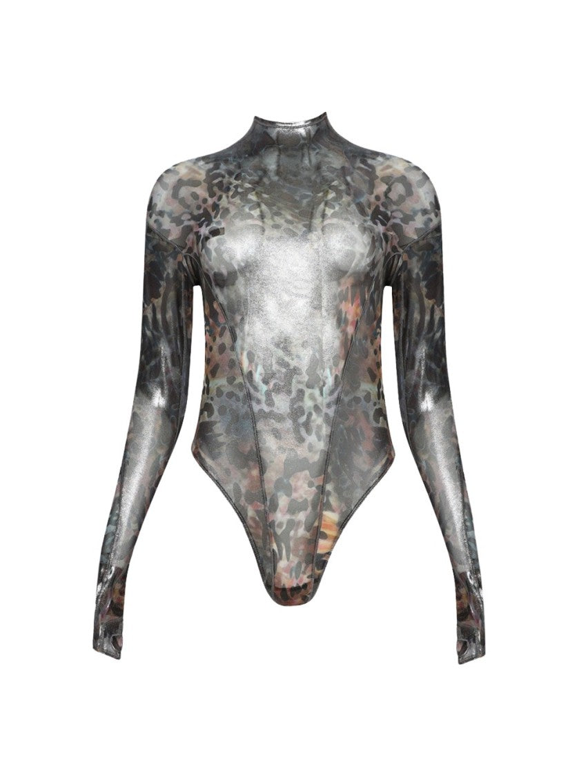 Mugler High-Neck Printed Bodysuit With Mesh Design