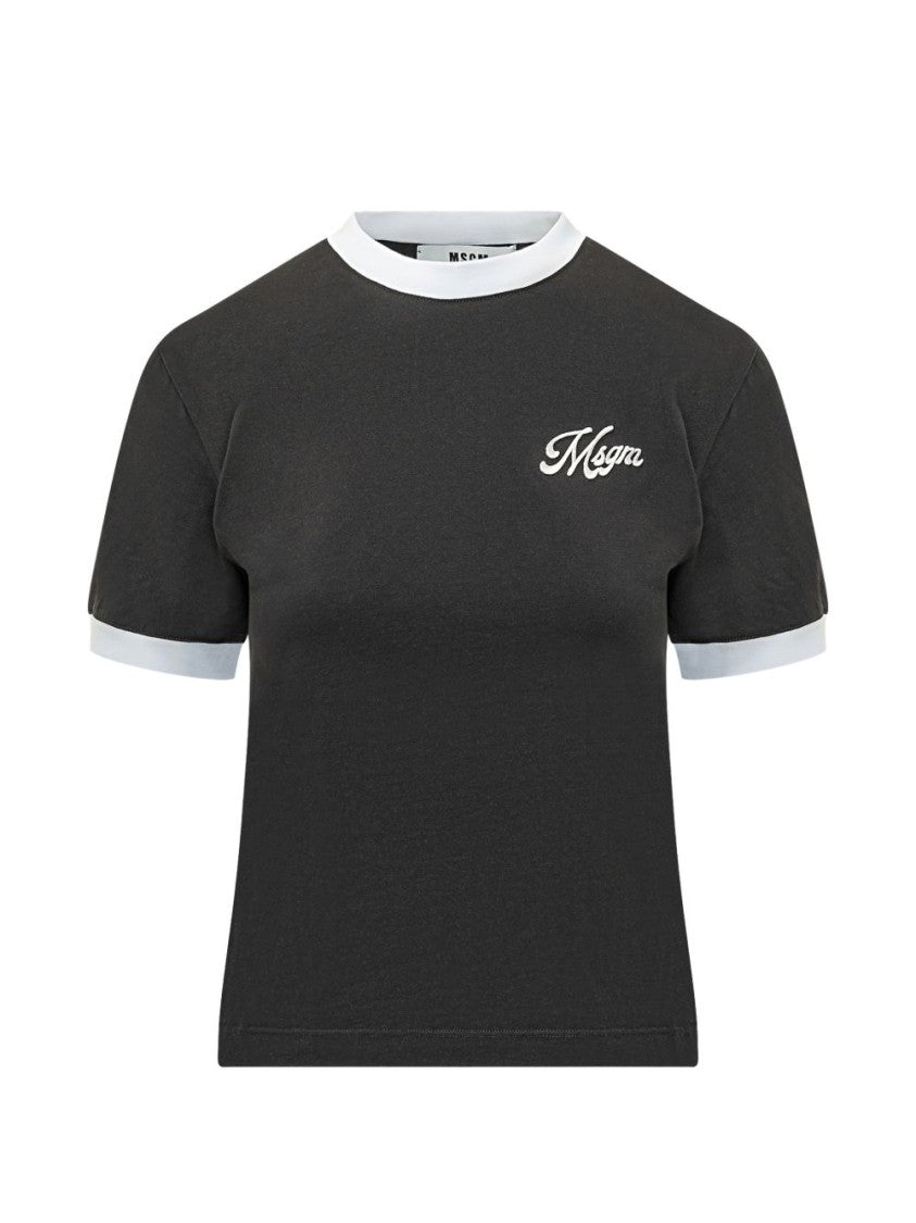 Msgm Cropped Black T-Shirt With Contrasting Ringer Collar And Cuffs