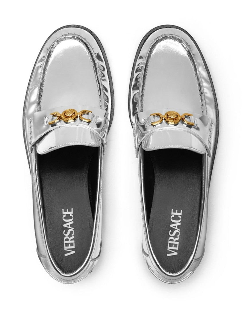Versace Silver-Tone Lambskin Flats With Medusa Plaque