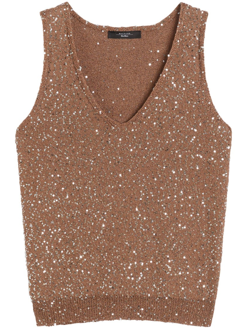 Max Mara Sleeveless Top With Deep V-Neckline And Sequined Texture