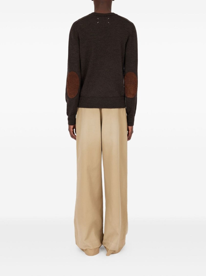 Maison Margiela Brown Crew Neck Sweater With Elbow Patches And Fitted Waist
