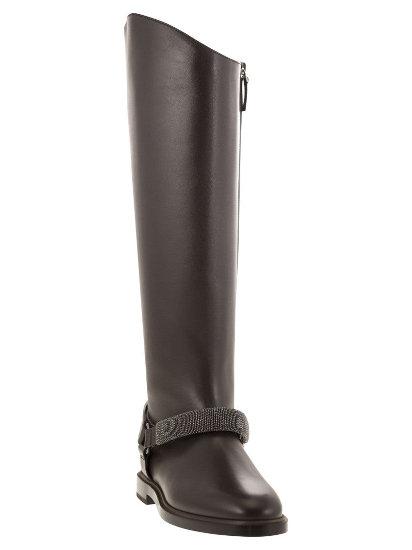 Brunello Cucinelli Mat Calf Boots With Precious Ribbed Strap