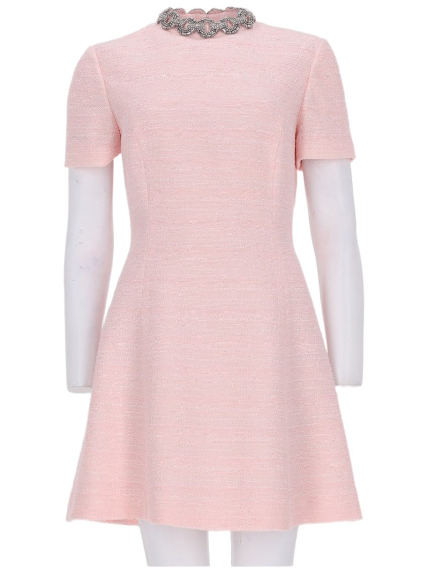 Valentino Pink Crinkle Cotton Tweed Mini Dress With Embellished Neckline