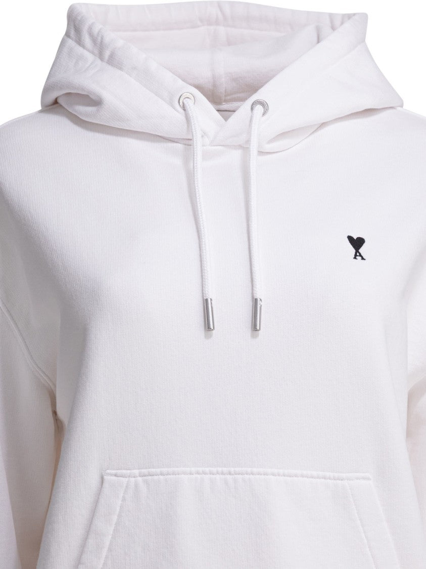 Ami Paris Cropped Cotton Sweatshirt With Adjustable Hood And Heart Logo