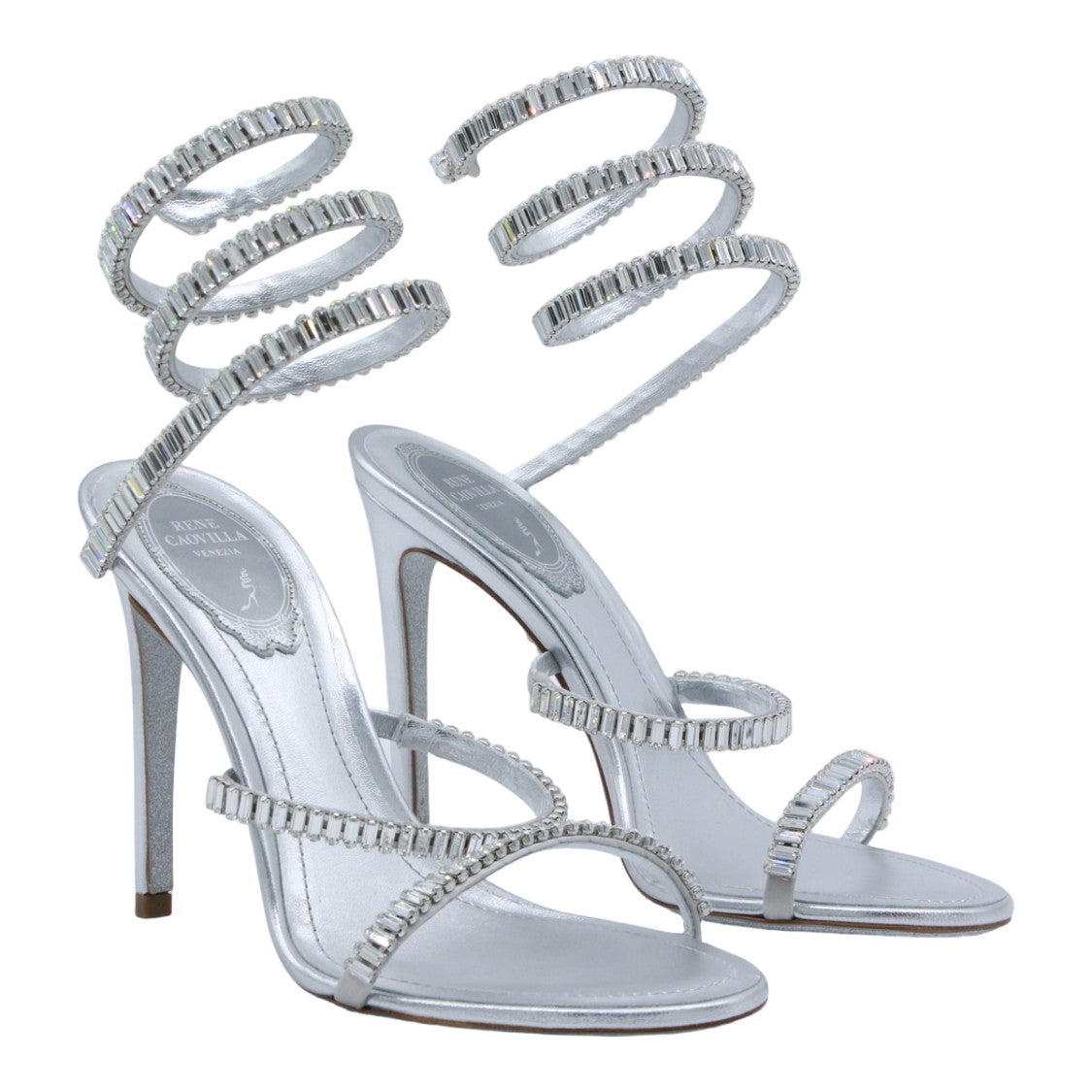 René Caovilla High-Heeled Silver Sandals With Crystal Embellishments