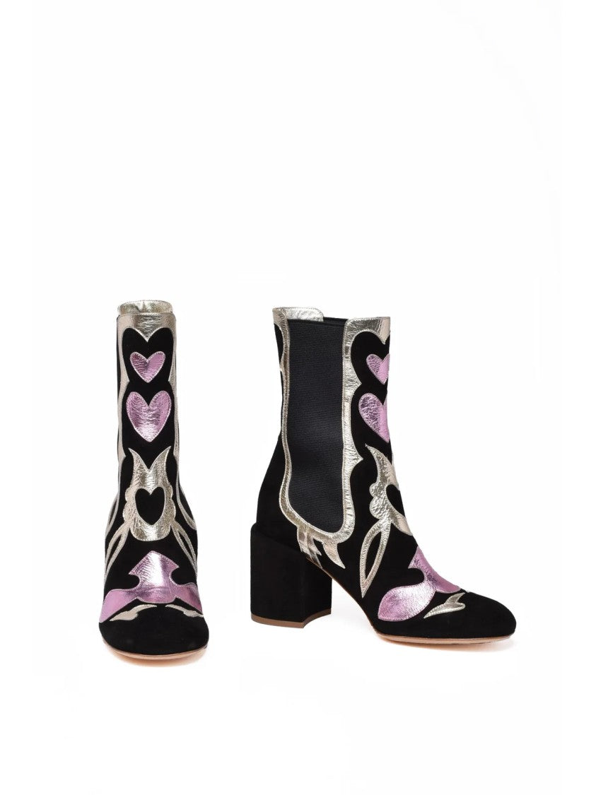 Laurence Dacade Black Metallic Embroidered Suede Ankle Boots