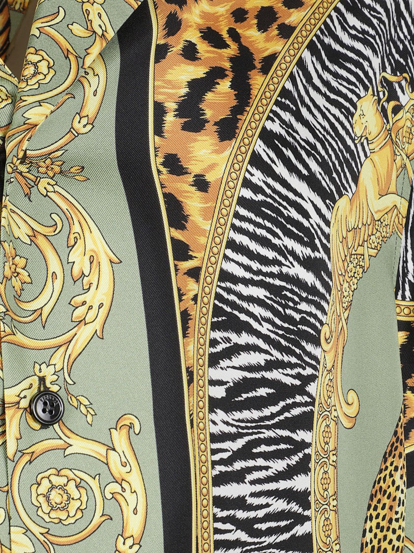 Versace Short-Sleeved Silk Twill Shirt With Wild Cats Print