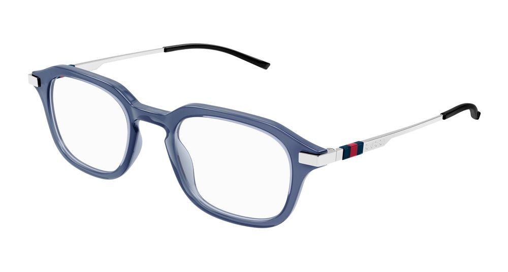 Gucci Blue Metallic Silver Temples Bold Square Eyeglasses