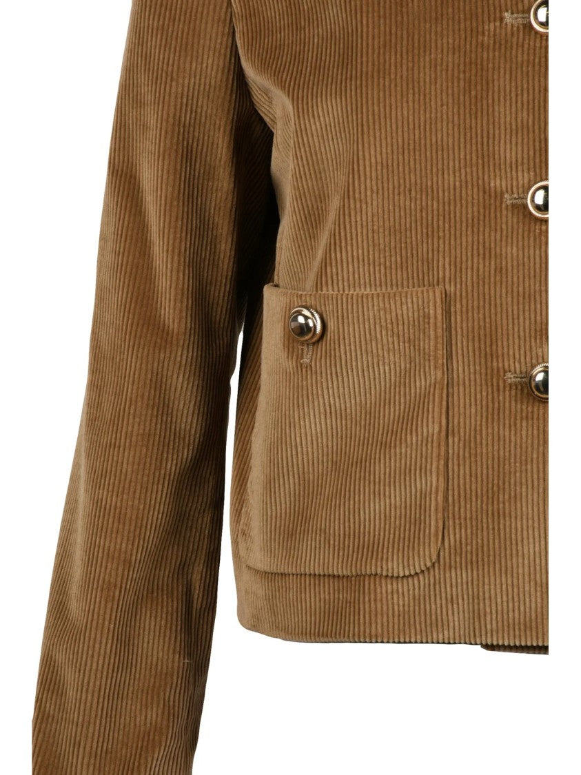 Marella Brown Corduroy Jacket With Velvet Details And Jewel Buttons