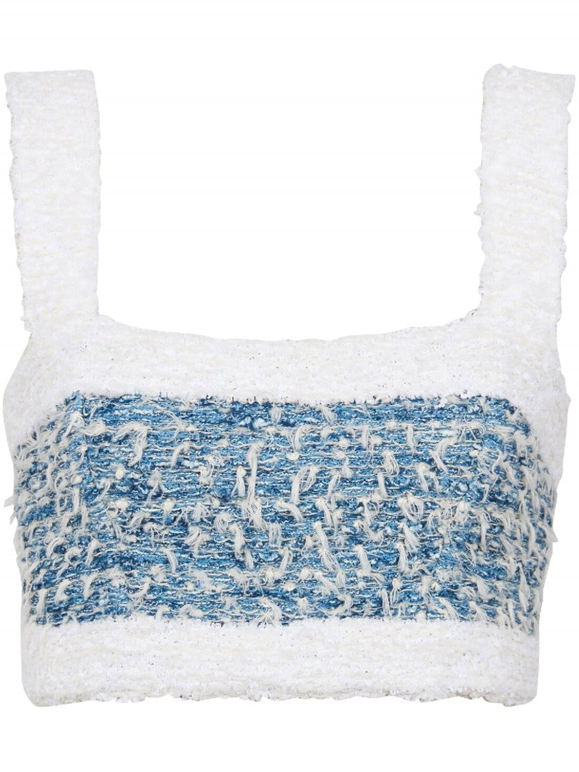 Balmain White Denim Tweed Square Neck Viscose-Linen Crop Top