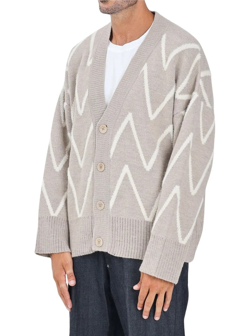 I M Brian Beige Zigzag Pattern Wool-Blend Cardigan