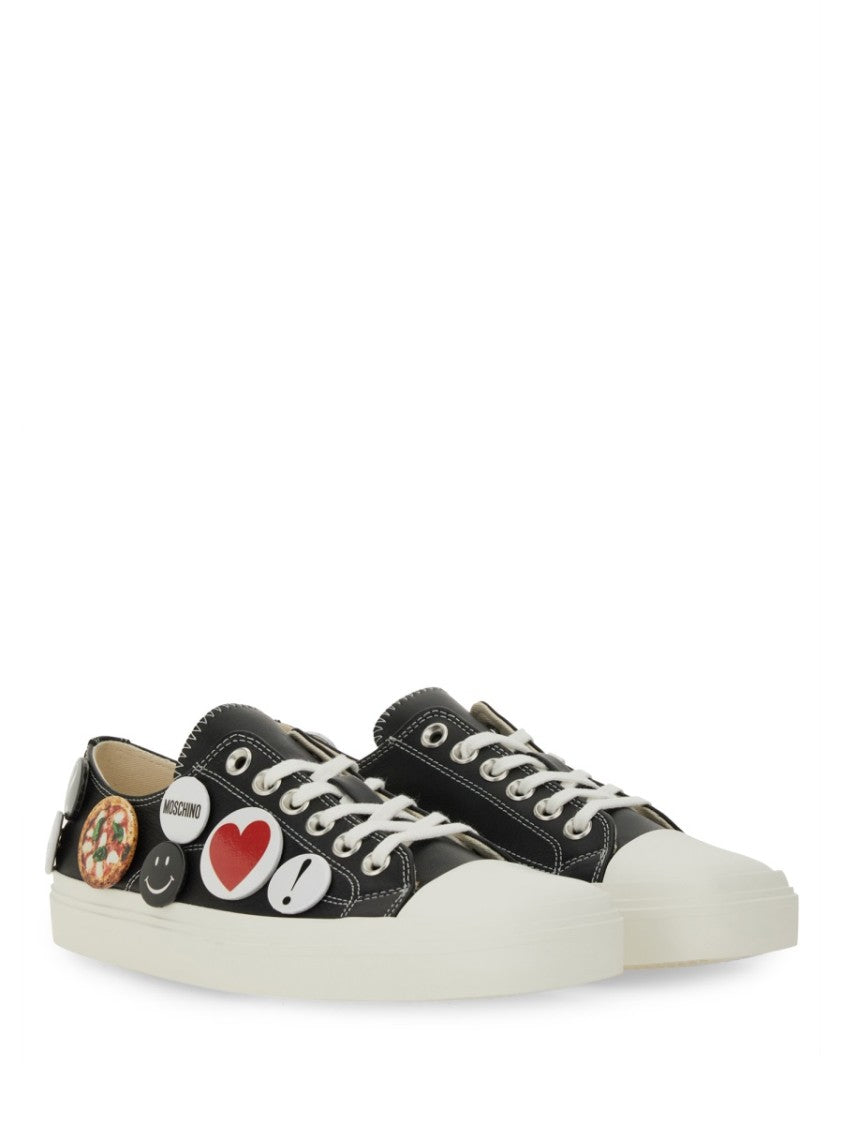 Moschino Black Leather Sneakers With Playful Pins