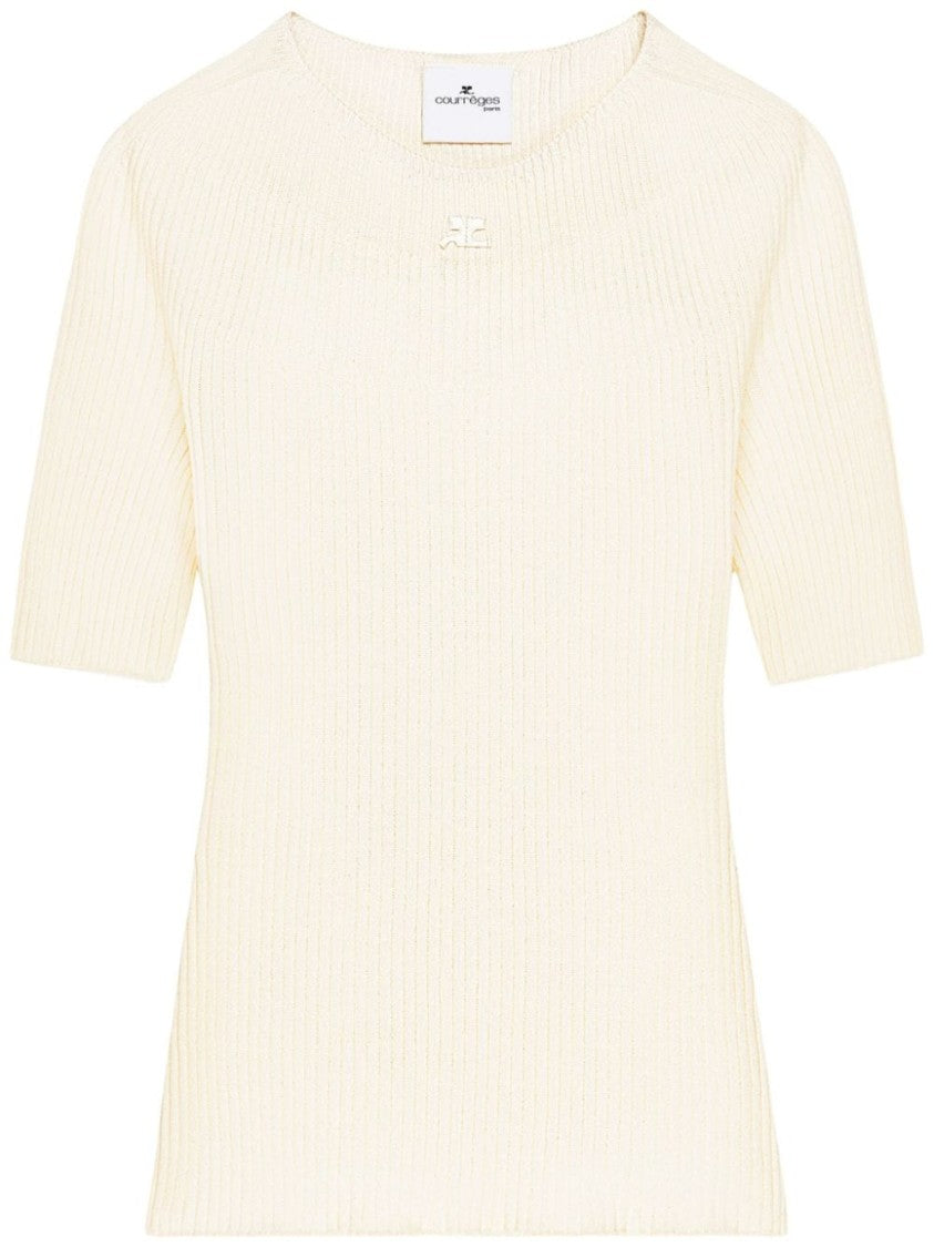 Courrèges Knitted Off-White Cotton-Merino Wool Sweater