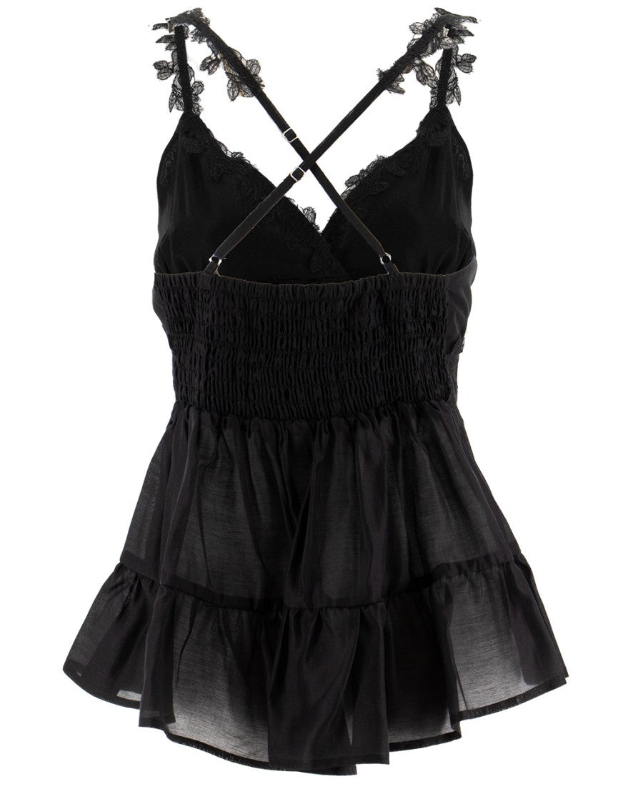 Ermanno Firenze Layered Black Top With Floral Lace Accents