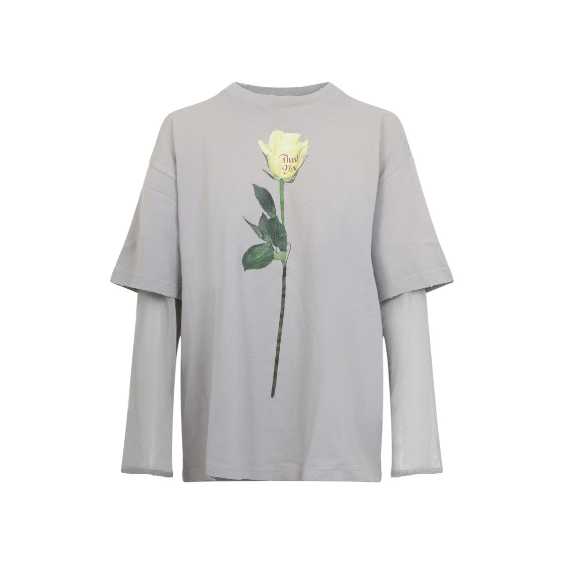 Acne Studios Layered Sleeve Grey Top With Yellow Rose Graphic