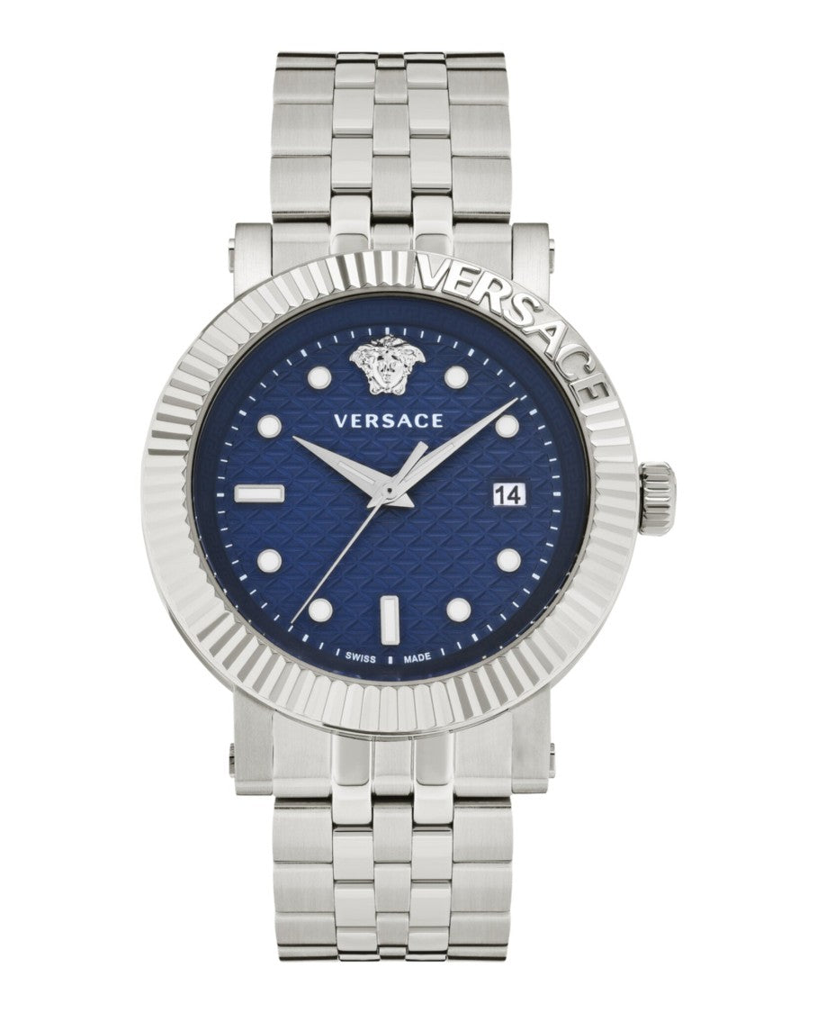 Versace Classic Date Quartz Watch With Blue Guilloche Dial