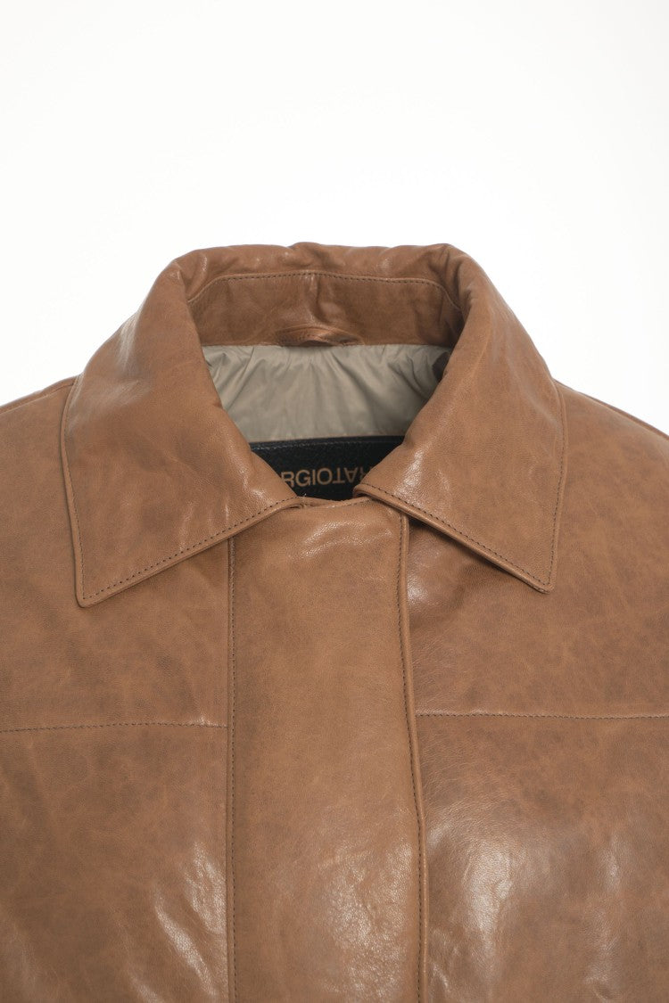 Giorgio Brato Oversized Brown Leather Jacket With Classic Collar