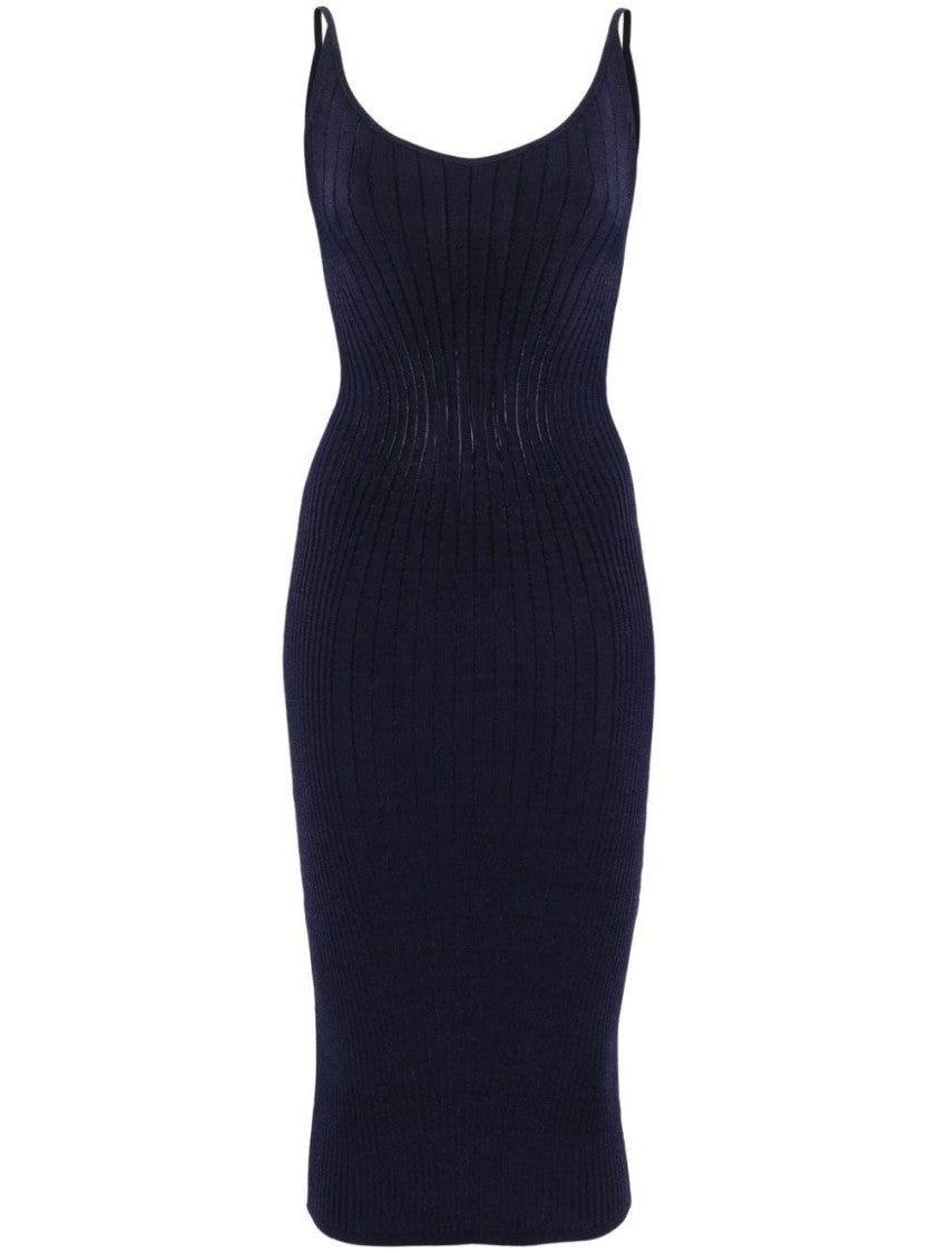 Mugler Midnight Blue Ribbed Knit Midi Dress