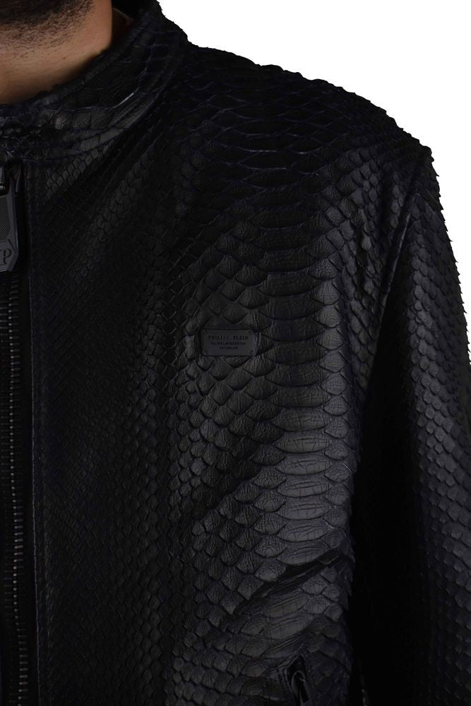 Philipp Plein Textured Python Leather Biker Jacket