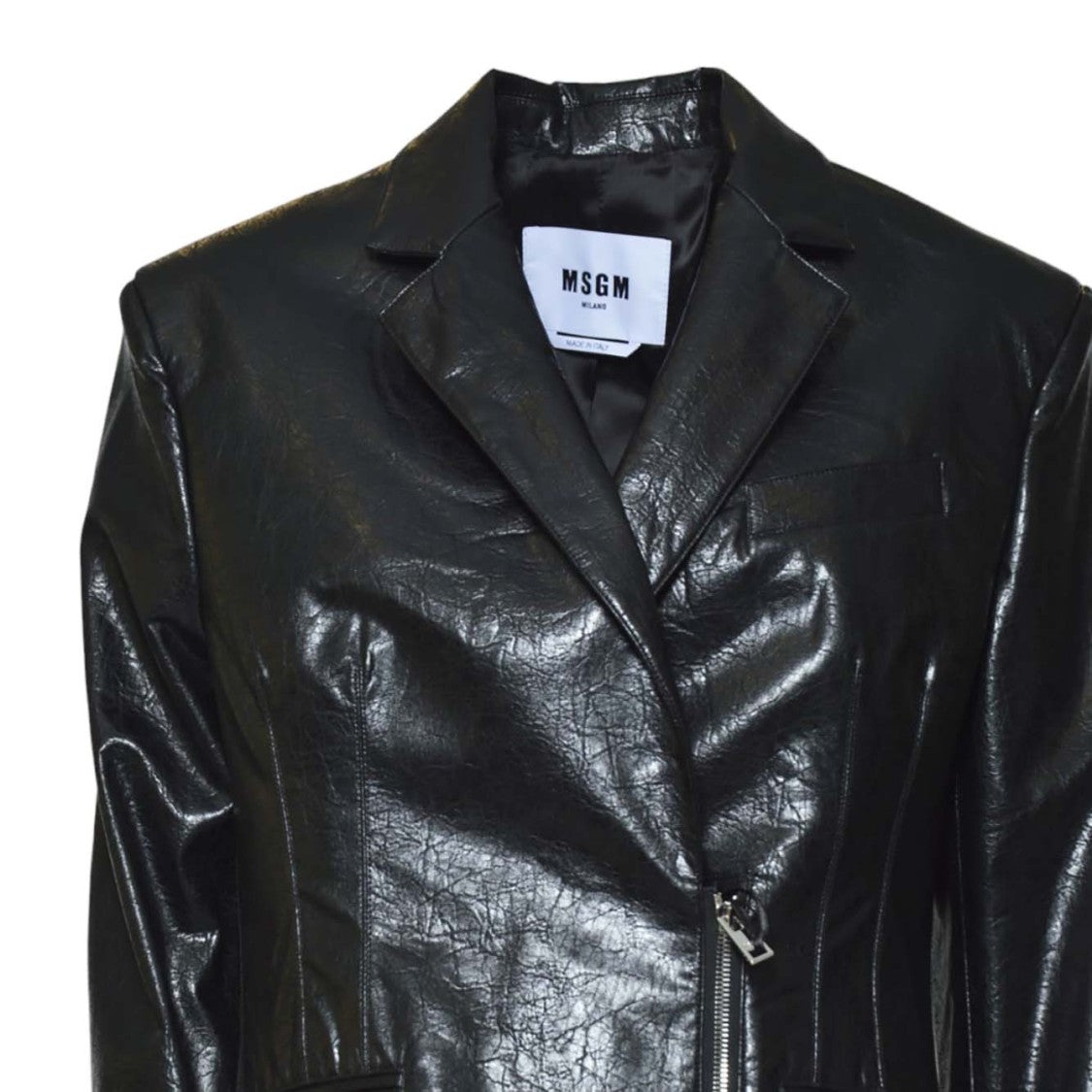 Msgm Tailored Black Jacket With Asymmetrical Zipper And Crinkled Texture