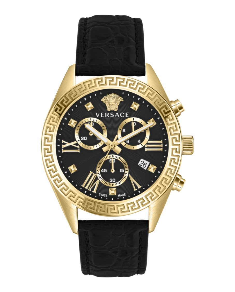 Versace Greca Chrono Leather Watch With Black Guilloche Dial