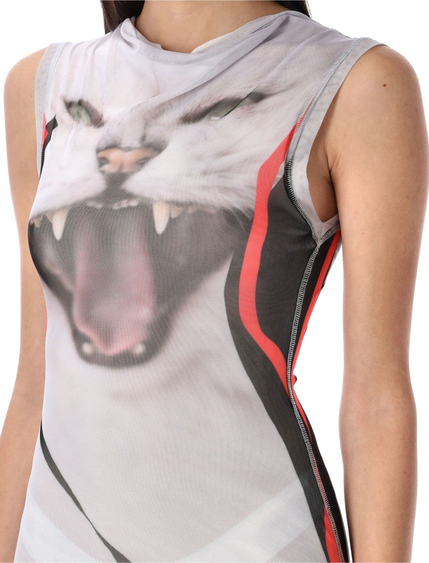 Ottolinger Cowl Neck Mesh Printed Maxi Dress With Sheer Details