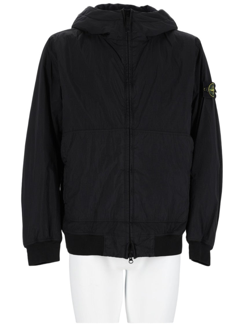 Stone Island Hooded Black Bomber Jacket With Patch Logo