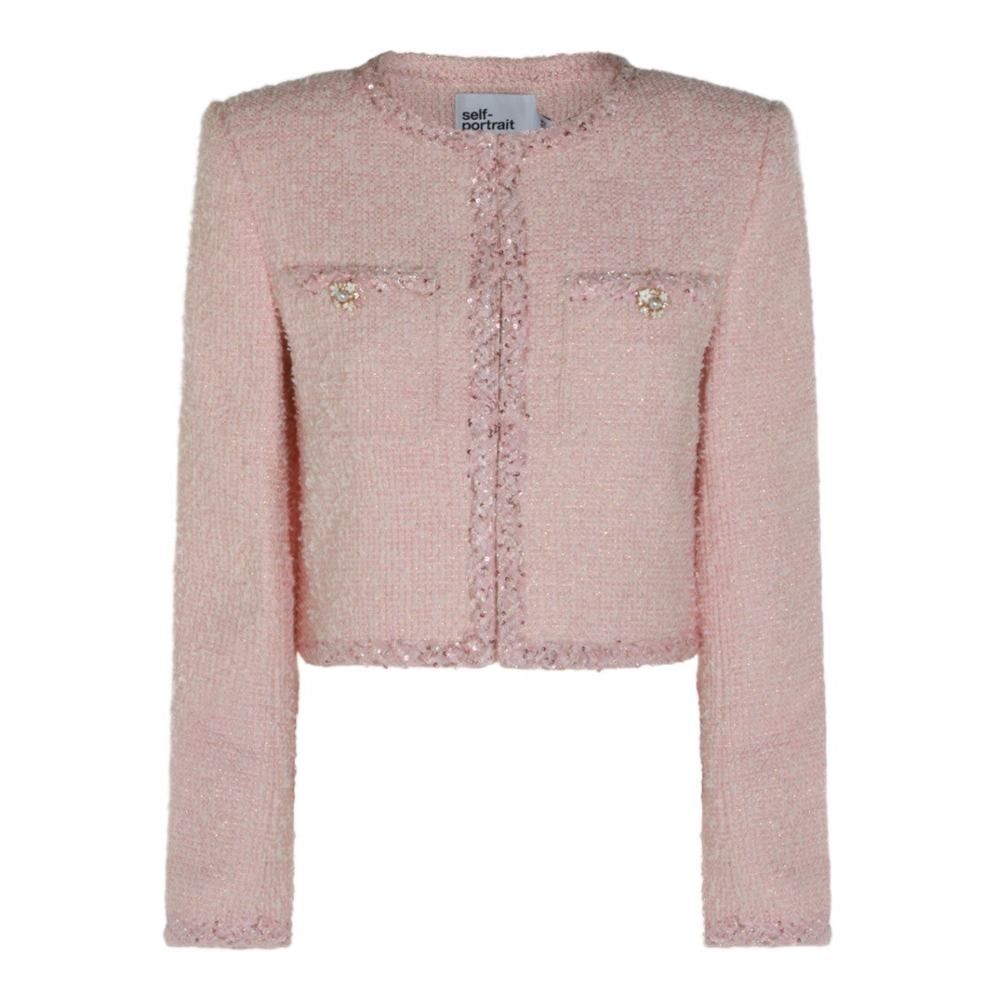 Self-Portrait Textured Cropped Jacket With Pearl And Gold-Tone Accents
