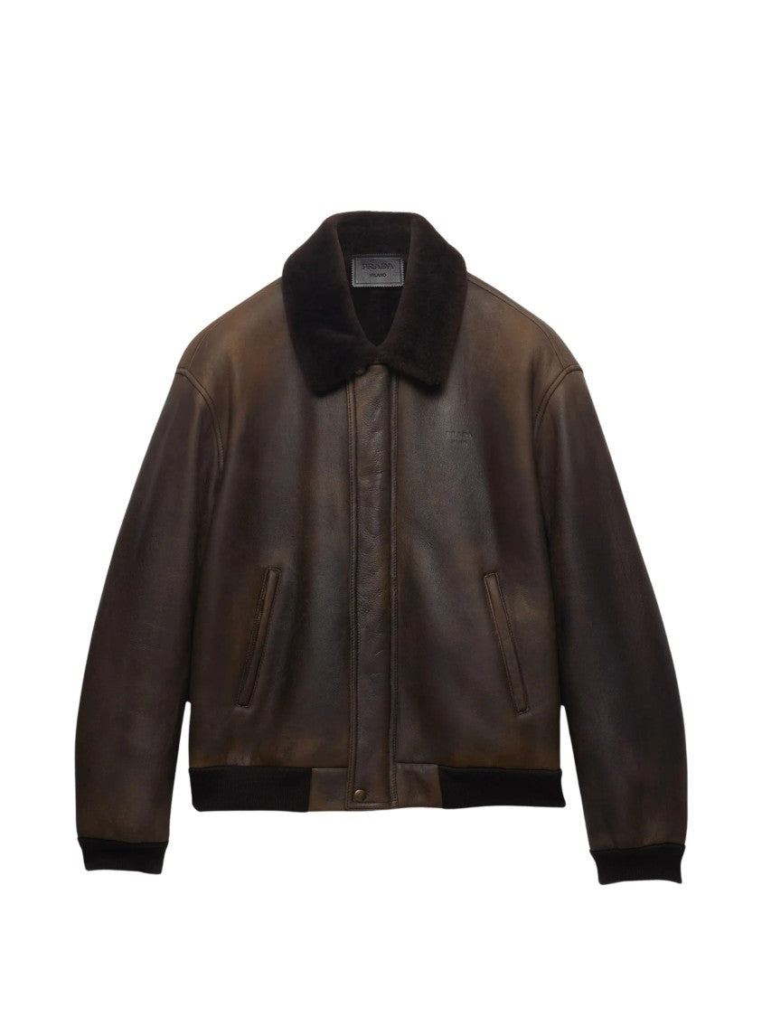 Prada Brown Treated Leather Bomber Jacket