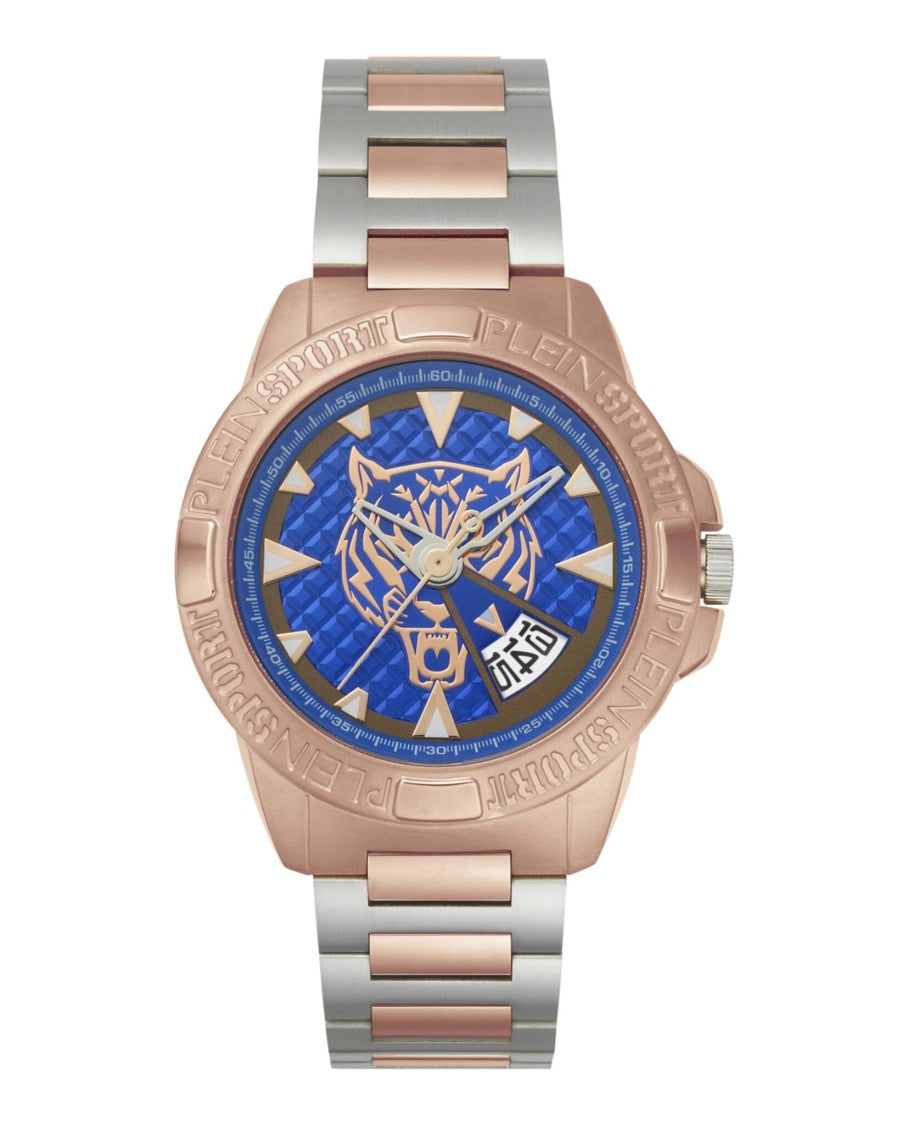 Plein Sport Two-Tone Bracelet Watch With Blue Guilloche Dial