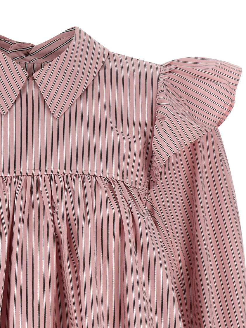 Ganni Oxford Cotton Mini Dress With Ruffled Shoulders And Classic Collar