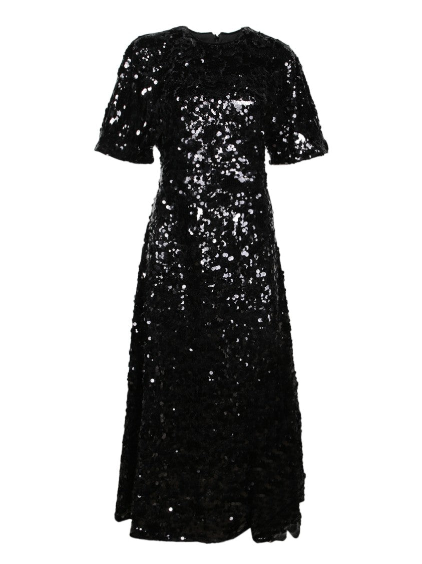 Ganni Sequined Black Midi Dress With Round Neckline