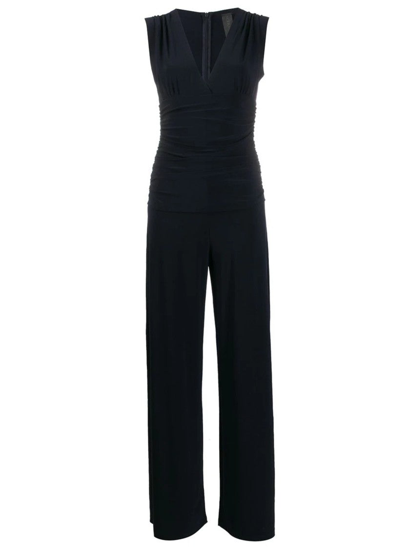 Norma Kamali Draped Blue Jumpsuit With V-Neckline And Fitted Waist