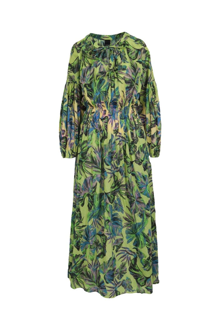 Pinko Green Tropical Leaf Print Tie-Neck Cotton Maxi Dress