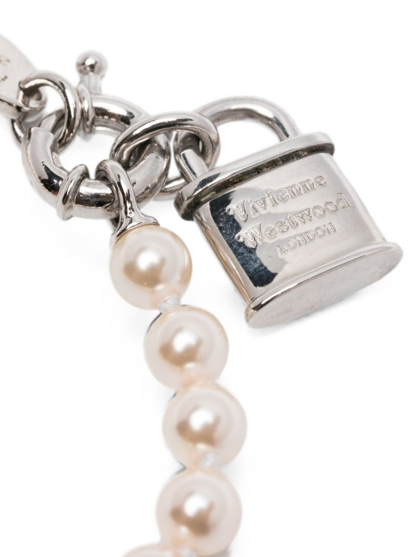 Vivienne Westwood White Pearl Silver Chain Padlock Bracelet