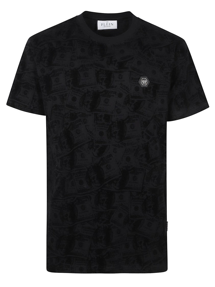 Philipp Plein Short-Sleeve T-Shirt With Tonal Currency Pattern And Hexagonal Logo