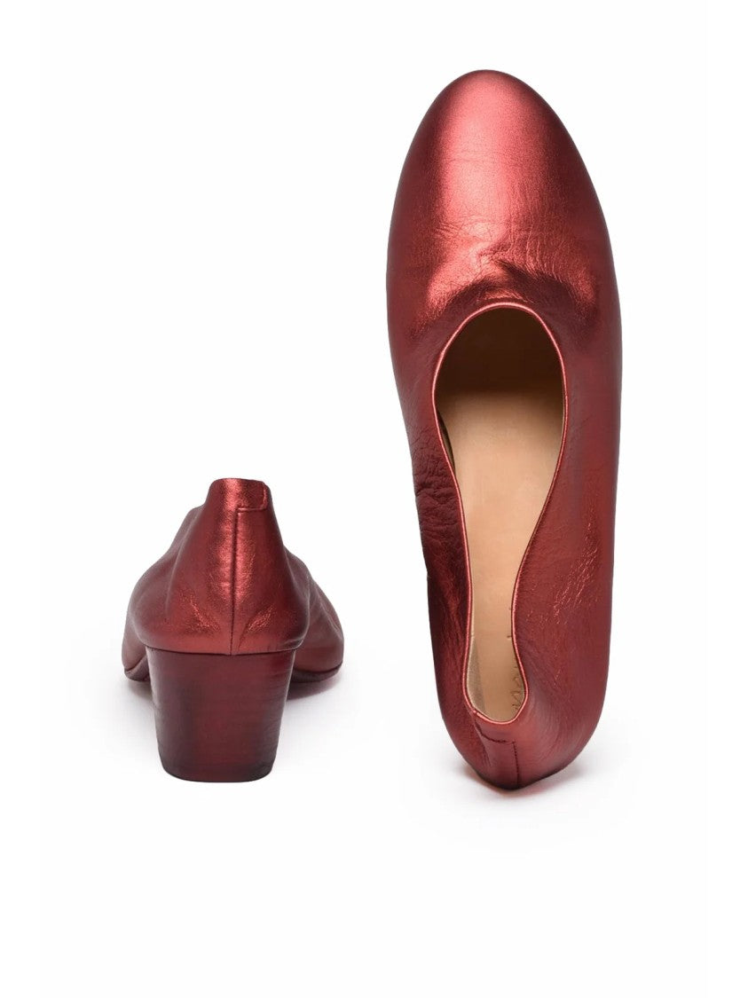 Marsèll Red Metallic Sheen Low Block Heel Leather Pumps