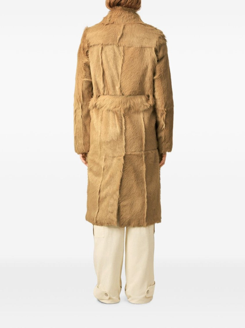 Ami Paris Double-Breasted Camel Coat With Textured Fur-Like Fabric