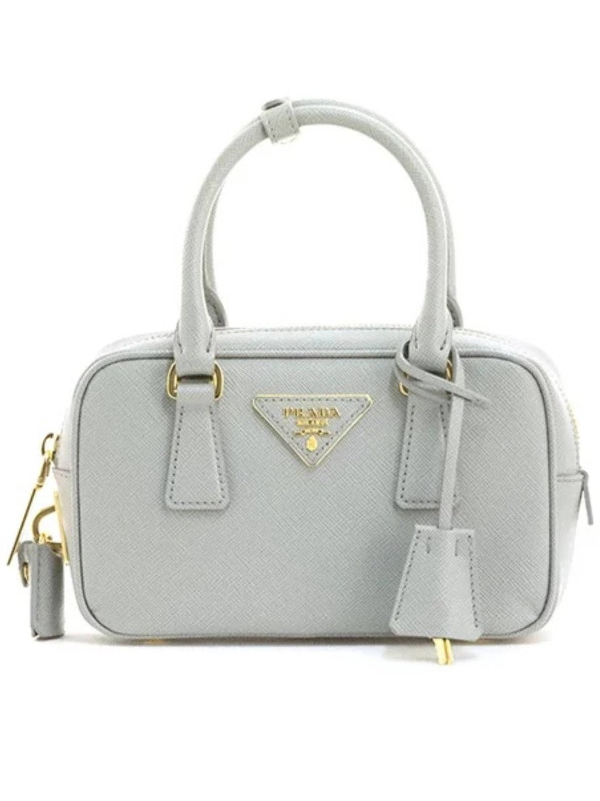 Prada Grey Bauletto Structured Textured Handbag