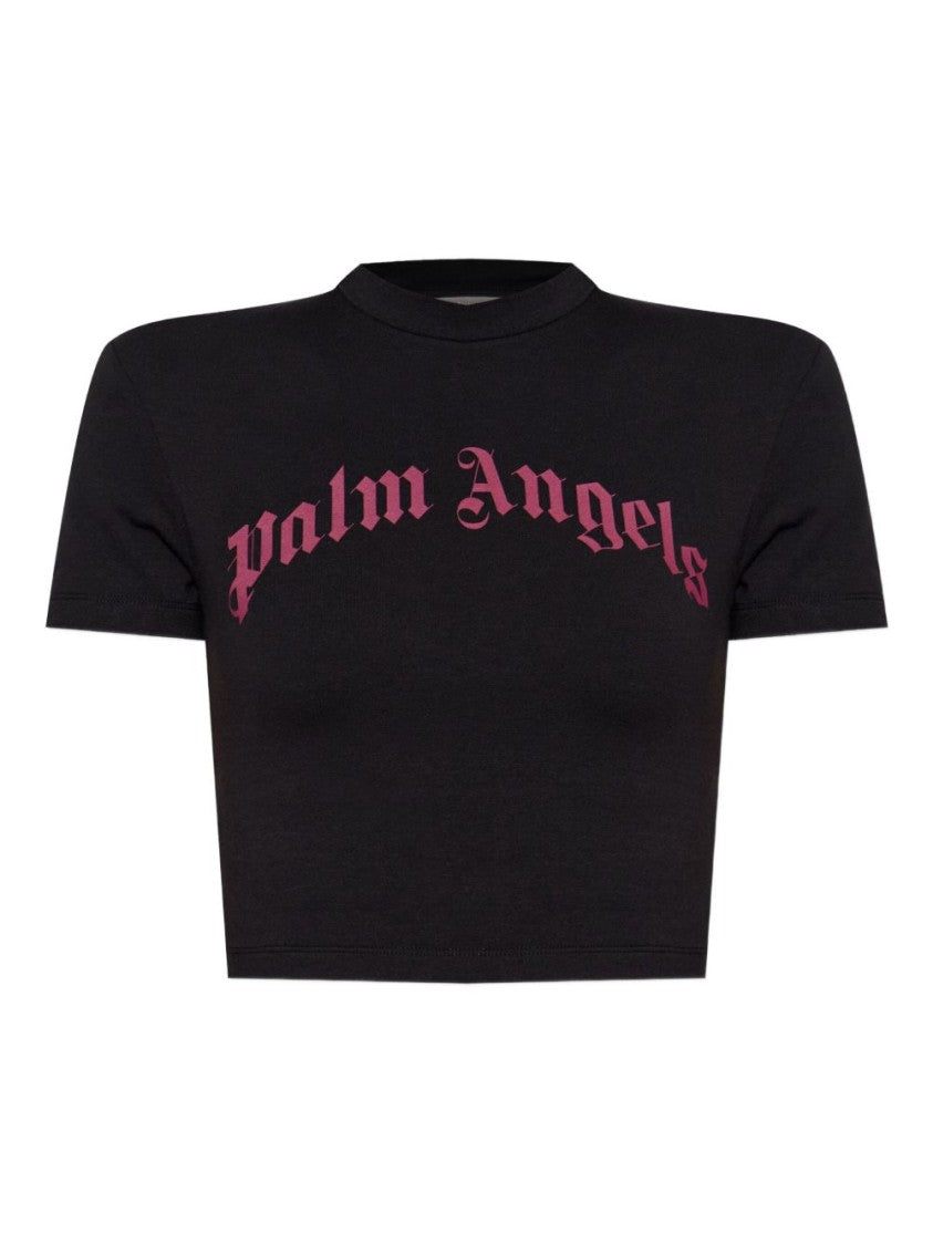 Palm Angels Cropped T-Shirt With Gothic Fuchsia Print
