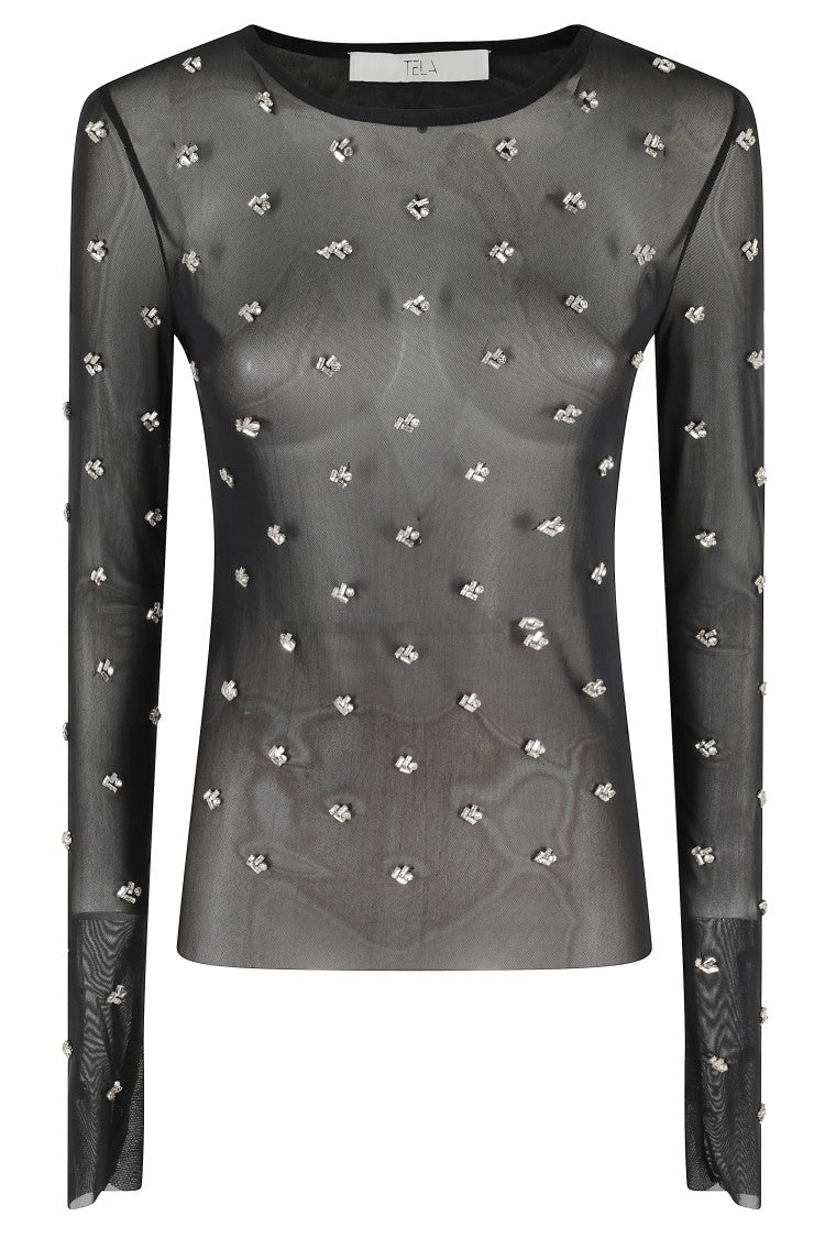 Tela Sheer Long-Sleeve Sweater With Rhinestone Embellishments