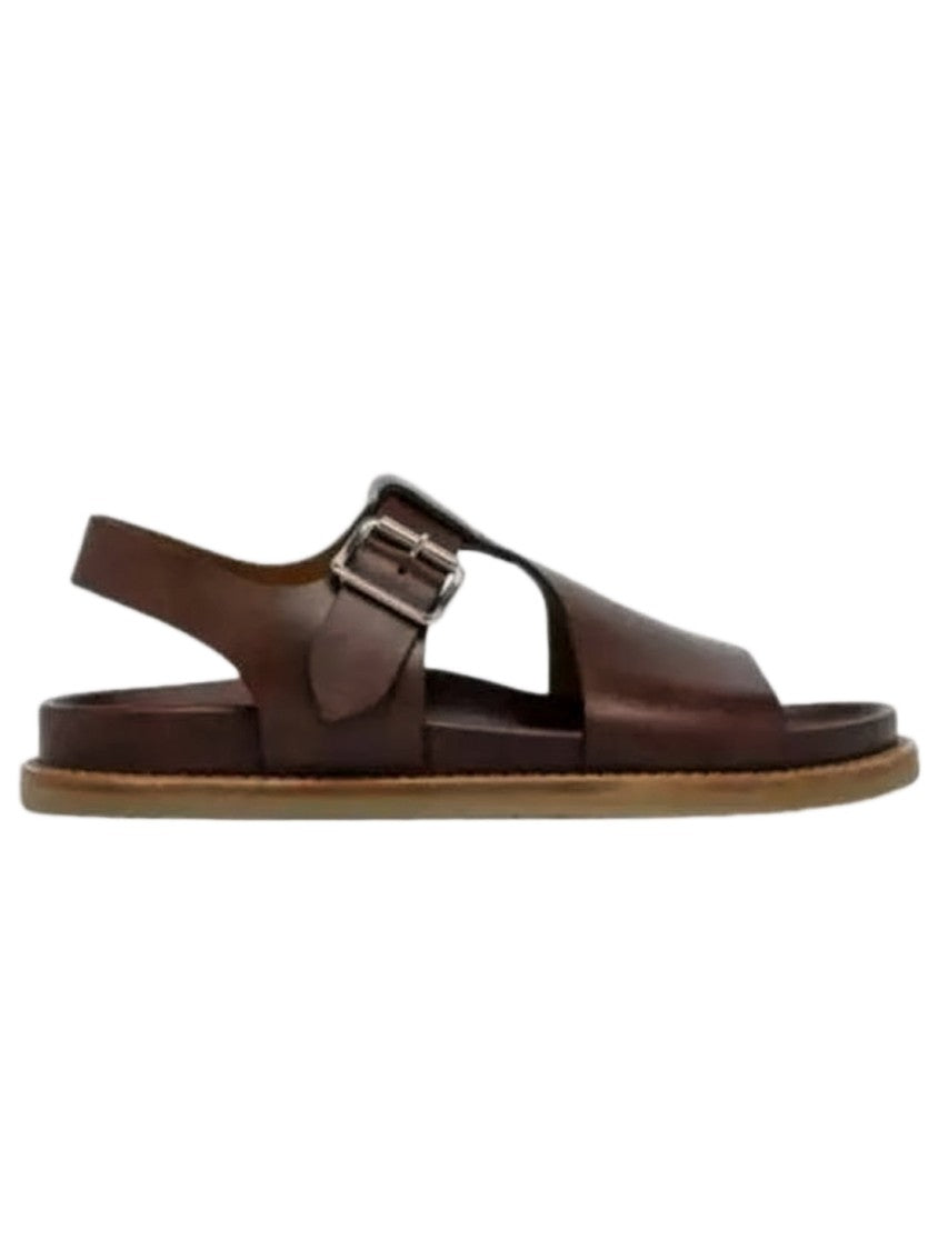 Buttero Minimalist Brown Leather Sandals With Adjustable Slingback