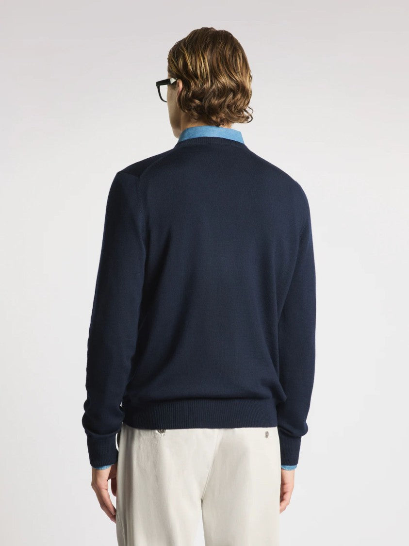 Fay Navy Blue Fine Knit Wool Sweater With Crew Neck And Ribbed Details