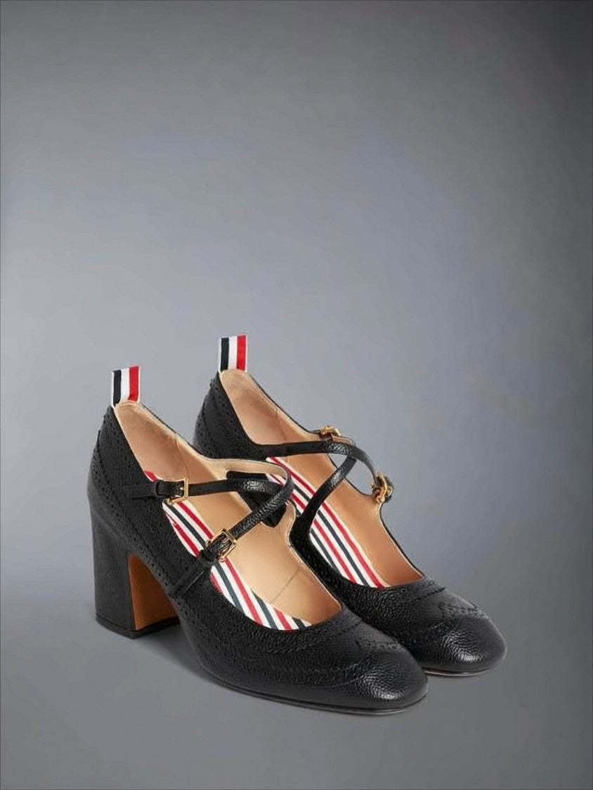 Thom Browne Black Leather Mary Jane Pumps With Double Strap And Gold-Tone Buckles