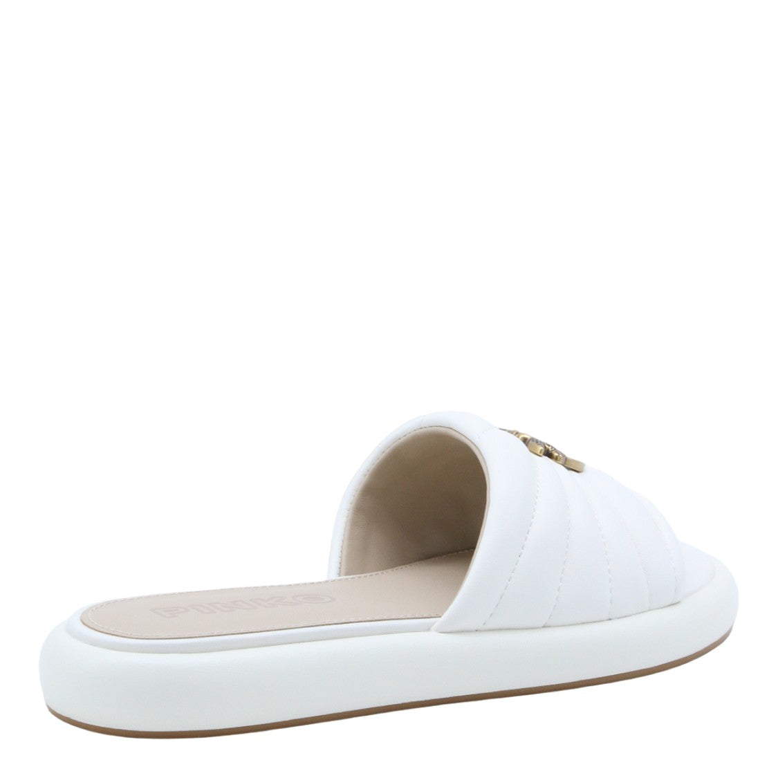 Pinko Quilted White Open-Toe Flats With Decorative Emblem