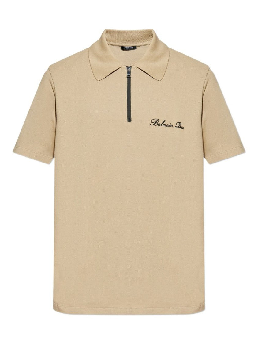 Balmain Beige Zip Fastening Embroidered Logo Polo