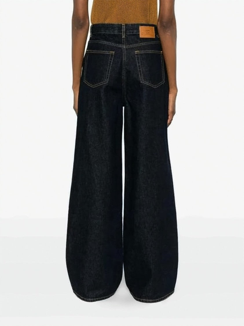 Ganni Dark Indigo Wide-Leg Denim Pants With High Waist