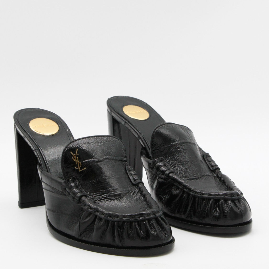 Saint Laurent Gathered Leather Mule Flats With Block Heel